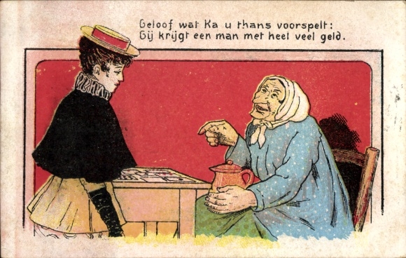 Artist Postcard old woman reads the cards to a fine lady