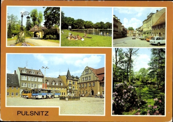 Postcard Pulsnitz Saxony, various views, town square, nature, swimming children