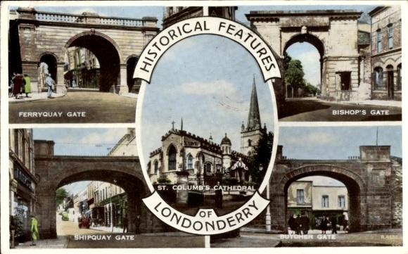 Postcard Derry Londonderry Northern Ireland, Ferryquay Gate, Bishop's Gate, Shipquay Gate, Cathedral