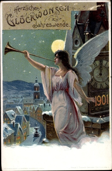 Briefpapier ansichtkaart Happy New Year, jaar 1901, engel blaast de fanfare