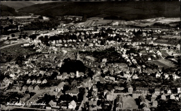 Postcard Michelstadt in the Odenwald, aerial view of Odenwald, houses, landscape