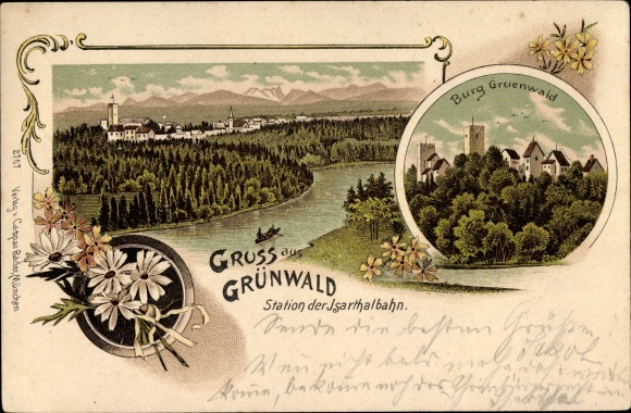 Chromo-Litho Grünwald in the district of Munich Upper Bavaria, view of the castle, river section