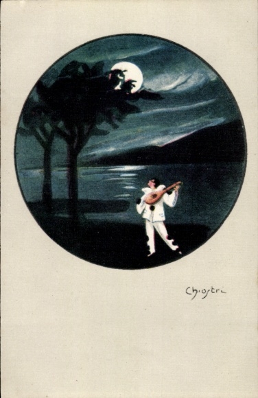 Artist Postcard Chiostri, Pierrot with lute in the moonlight