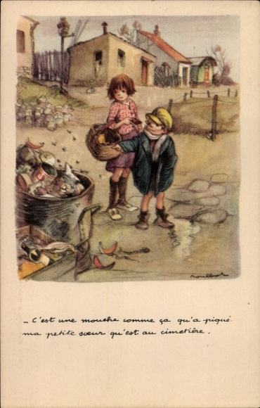 Artist Postcard Poulbot, Francisque, children, garbage can, flies