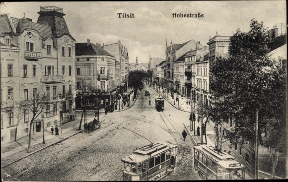 Postcard Sovietsk Tilsit East Prussia, Hohestrasse, trams
