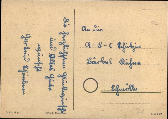 Artist Postcard Congratulations on school enrolment, girl with a bouquet of flowers on a garden fence, bird