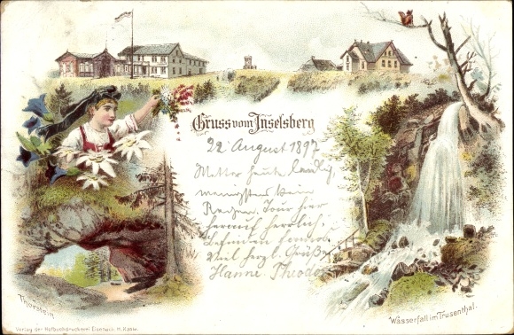 Litho Brotterode in Thüringen, Inselsberg, Thorstein, Wasserfall, Frau in Tracht