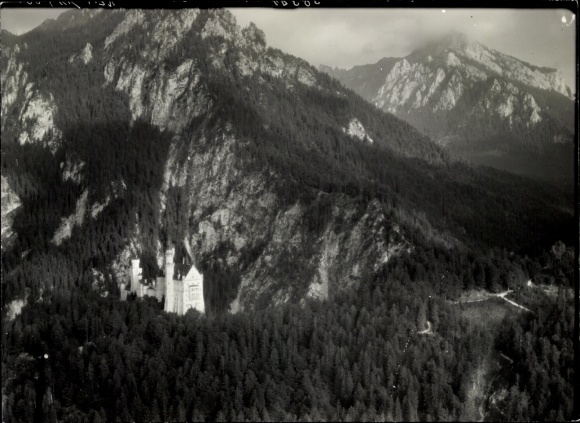 Postcard Hohenschwangau Schwangau in the Ostallgäu, Neuschwanstein Castle, mountains, coniferous forest