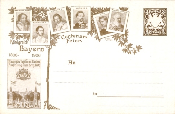 Postwaardestuk ansichtkaart eeuwfeest Koninkrijk Beieren 1906, prins-regent Luitpold van Beieren, Ludwig II.