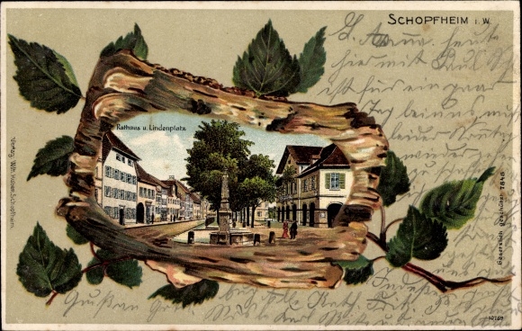 Birch wood Chromo-Litho Schopfheim Black Forest, City Hall and Lindenplatz