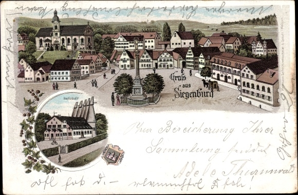 Chromo-Litho Siegenburg in Lower Bavaria, partial view of the city, hop hall