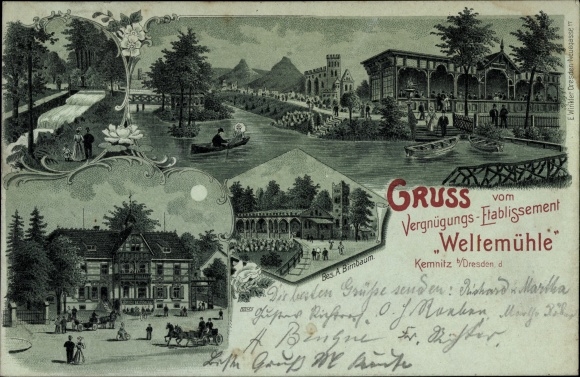Moonlight Chromo-Litho Dresden Cotta Kemnitz, amusement establishment Weltemühle