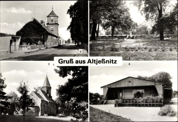 Ak Altjessnitz Alt Jessnitz Jessnitz Anhalt, hoofdstraat aan het park, doolhof, kerk, supermarkt