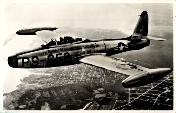 Postcard American military aircraft, Republic F-84A Thunderjet