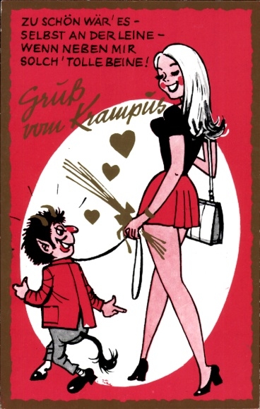 Artysta KP Krampus na smyczy blondynki w minispódniczce, nogach, piersiach