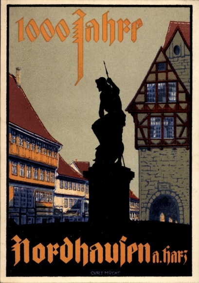 Ak Nordhausen am Harz, Jahrestag,  Statue, Fachwerkhäuser, Kunst