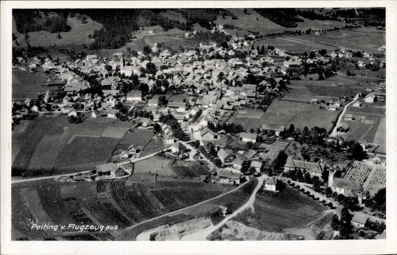 Postcard Peiting in Upper Bavaria, aerial view of numerous houses, rural surroundings