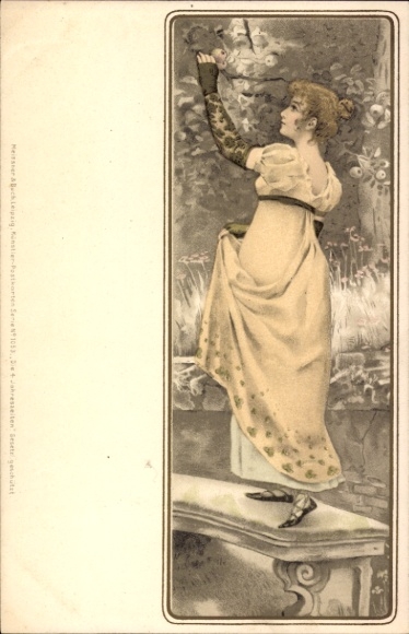 Jugendstil Ak Junge Frau auf Bank stehend pflückt Apfel, Rock