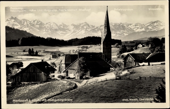 PC Martinszell Waltenhofen in Oberallgäu, partial view with church, high mountain range