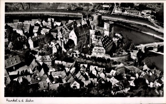 Postcard Runkel an der Lahn, aerial view of Runkel, Lahn river, buildings, bridge