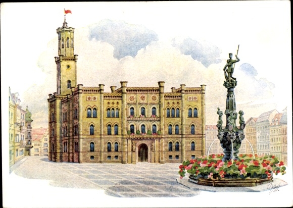 Ak Zittau in Sachsen, Rathaus  historische Architektur, Wasserbrunnen, Blumenbeet