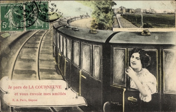 Ak La Courneuve Seine Saint Denis, Bahnhof, Zug, Frau am Fenster, Landschaft im Hintergrund