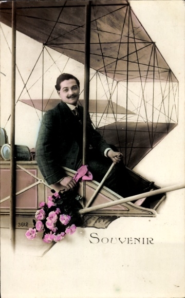 Ak Mann mit Blumenstrauß, Flugzeug