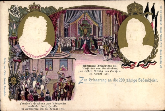 Embossed Chromo-Litho Coronation of Friedrich III, Kaiser Wilhelm II, portrait, Prussia&#39;s rise to the kingdom