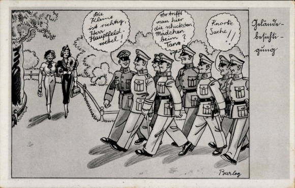 Künstler Ak Barlog, Deutsche Wehrmacht, Geländebesichtigung, Junge Frauen, Soldatenhumor, II. WK