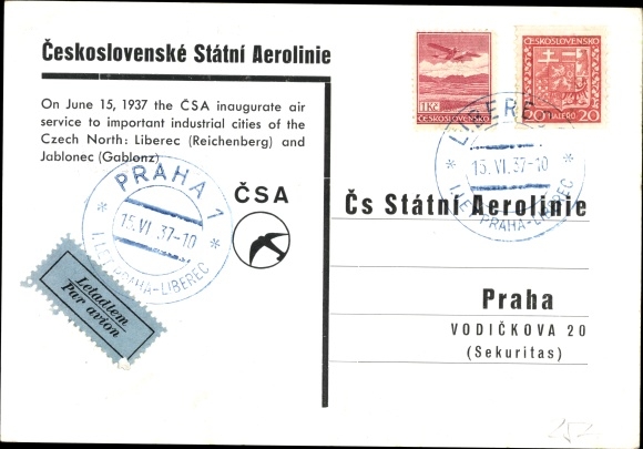 Maps Postcard Ceskoslovenske Statni Aerolinie, Liberec, Jablonec, Praha