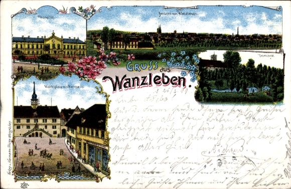 Chromo-Litho Wanzleben Börde in Saxony Anhalt, Market Square, Town Hall, Hospital, Domaine