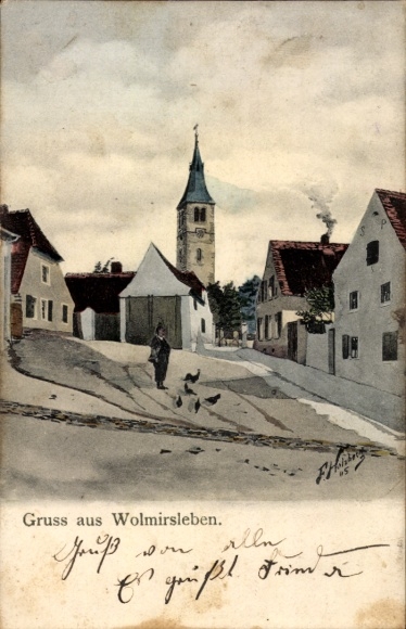 Ak Wolmirsleben im Salzlandkreis, Platz, Kirche