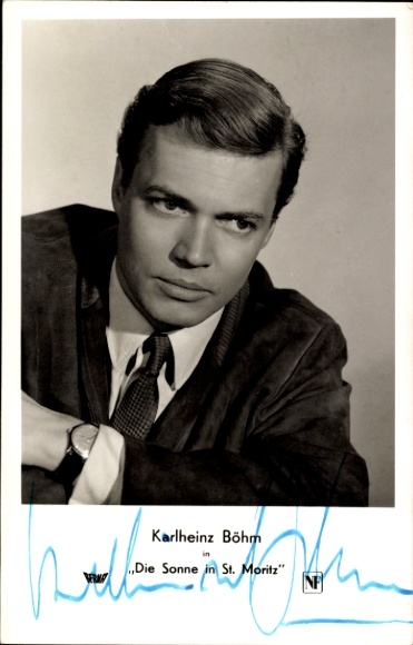 Postcard actor Karlheinz Böhm, The Sun in St. Moritz, autograph