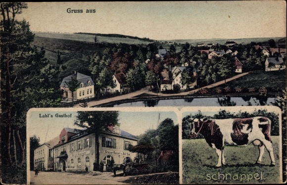 Ak Kuhschnappel Sankt Egidien in Sachsen, Hermann Lahls Gasthof, panorama