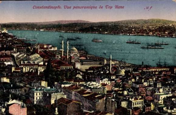 Ak Konstantinopel Istanbul Türkei, Panoramablick auf Top Hane, Bosporus, Schiffe, Stadtansicht