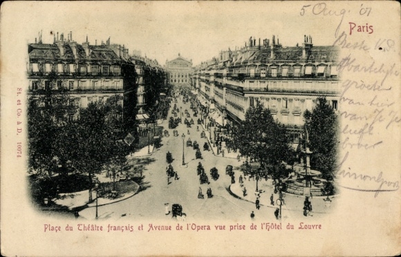 CPA Parijs I Louvre, Place du Théâtre français en Avenue de l'Opera, vue price de l'Hôtel du Louvre
