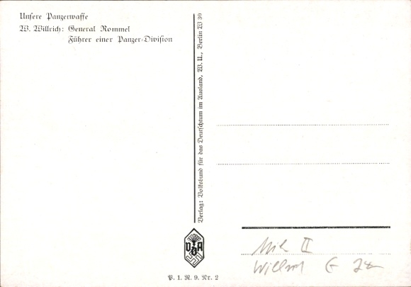Artist Postcard Willrich, Wolfgang, Major General Rommel, Knight's Cross recipient, Panzer Division, VDA