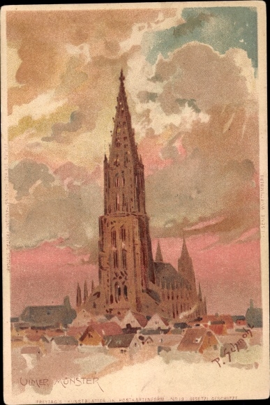 Artist Chromo-Litho Schmohl, P., Ulm on the Danube, city view with Münster