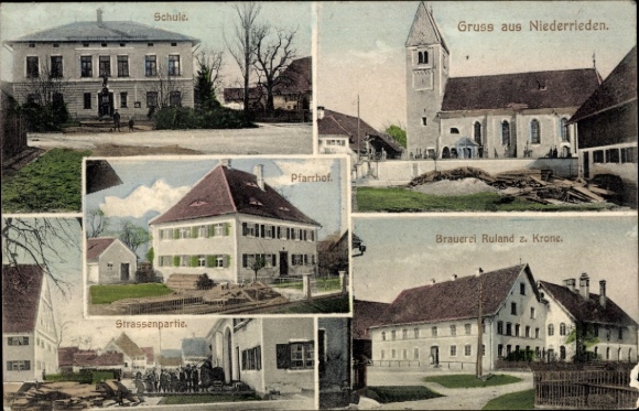 Ak Niederrieden in Schwaben Unterallgäu, Schule, Pfarrhof, Brauerei Ruland zur Krone