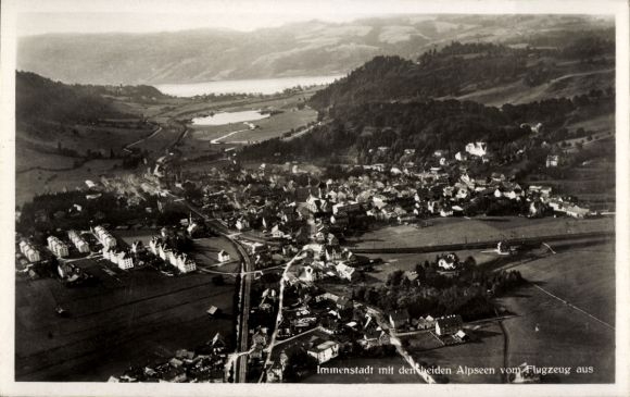 Postcard Immenstadt im Allgäu Swabia, aerial view of two Alpine lakes, beautiful landscape