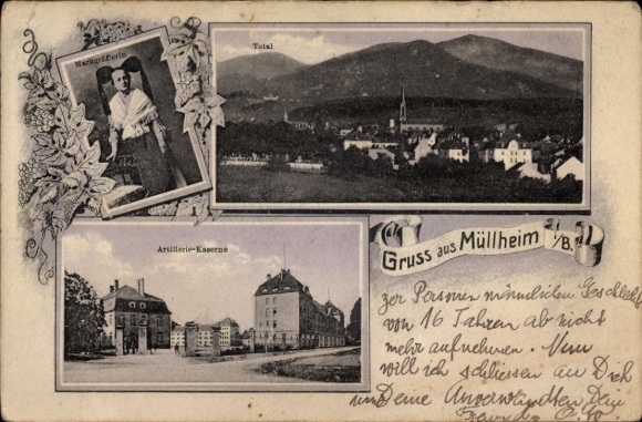 Ak Müllheim in Baden Markgräflerland,  Artillerie-Kaserne, Gesamtansicht, Markgräflerin in Tracht
