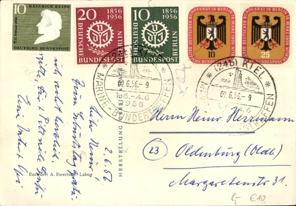 Postcard Kiel in Schleswig Holstein, Marine Federation Meeting 1956 from 1 to 4 June, German Marine Federation