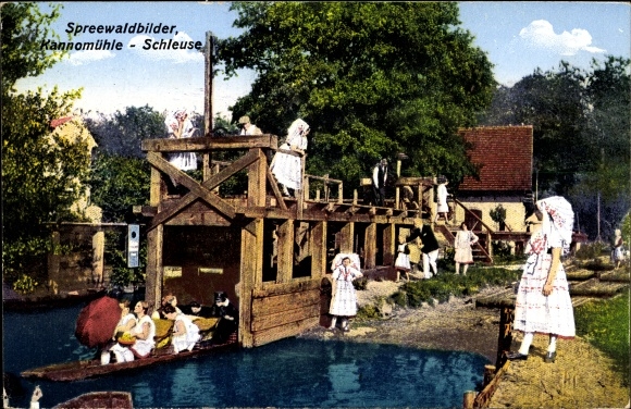 Postcard Kannomühle Alt Zauche Wußwerk in the Spreewald, lock, women, traditional costume