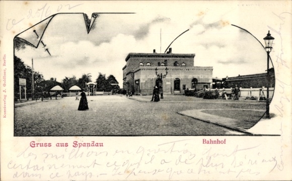 Postcard Berlin Spandau, station street side