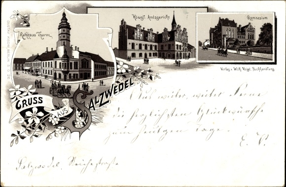 Litho Salzwedel in der Altmark, Rathaus Turm, Königl. Amtsgericht, Gymnasium