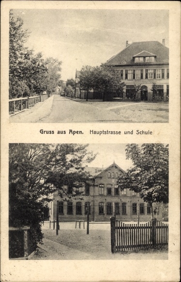 Postcard Apen in Oldenburg Ammerland, main street, school