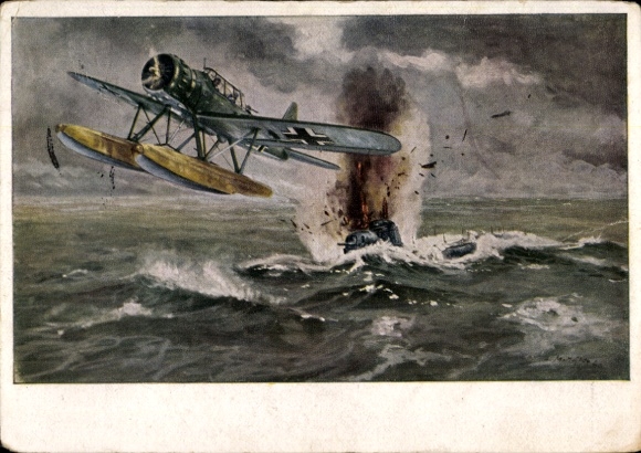 Artist Postcard Matejko, Theo, Arado Ar 196 aircraft sinks enemy submarine, II. WW