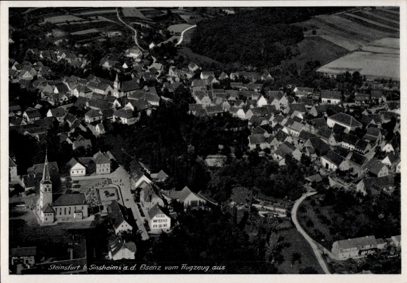 Postcard Steinsfurt Sinsheim in Baden, aerial photograph, houses, church, landscape