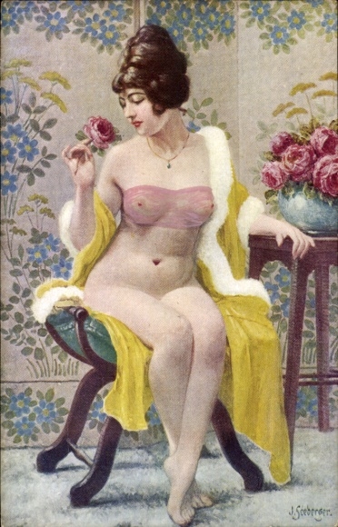 Artist Postcard Seebereer, J., Naked woman with rose, erotic