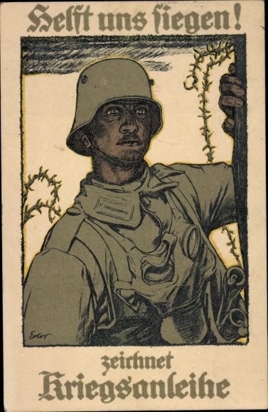 Künstler Ak Erler, Helft uns siegen, zeichnet Kriegsanleihe, Soldat in Stahlhelm mit Gasmaske, I. WK